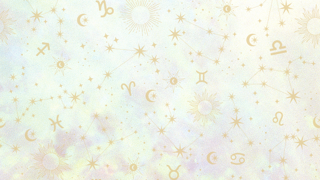 Light pink background with gold zodiac symbols, constellations, stars, and moons.  In green text, "Mercurial Minds Astrology"
"Cosmic Guidance for the Curious Mind"